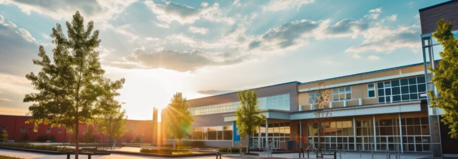 Outside of a school building with the sun rising/setting over it.