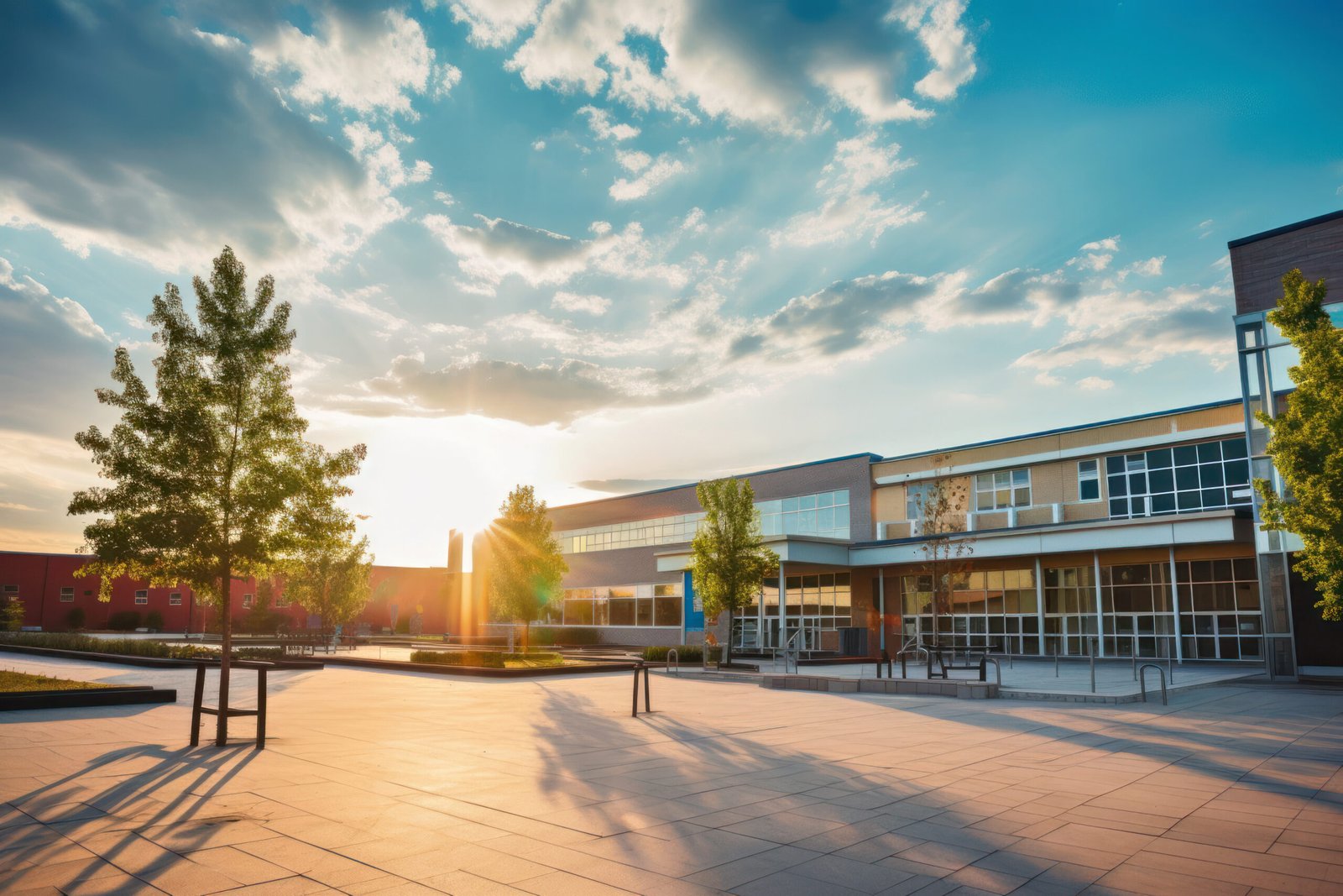 Outside of a school building with the sun rising/setting over it.