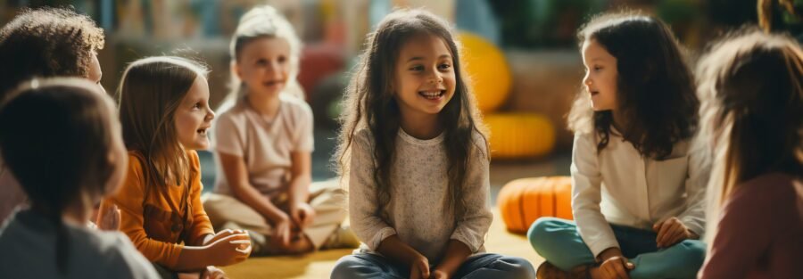 Group therapy kids talking sitting in the circle to address mental health