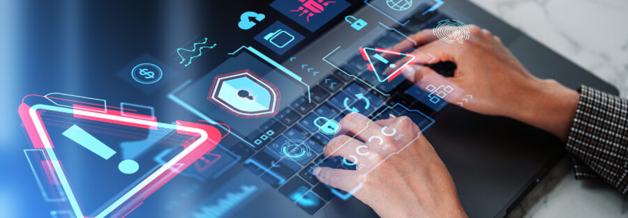 Hands of businesswoman using laptop at office table with double exposure of immersive cybersecurity interface. Concept of data protection